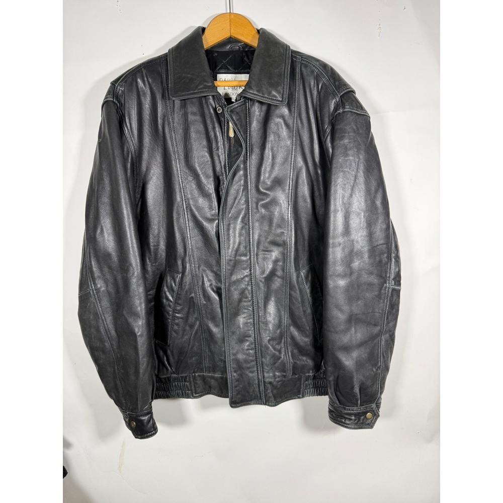London Fog Mens Black Leather Bomber Jacket Full Zip Quilted Lined XL